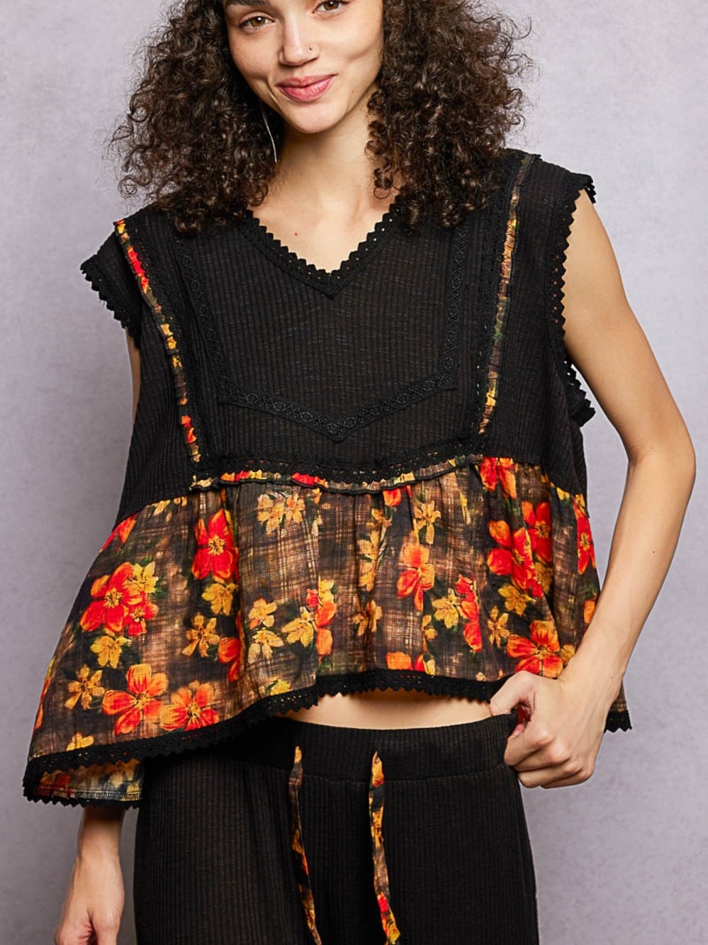 NWT POL Bohemian Black Floral Loose Fit Top S M L